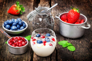 Yogurt, berries, chia seeds, healthy breakfast